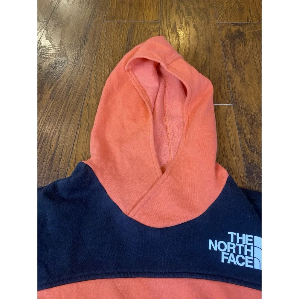 The North Face Girls Hoodie Orange Black Colorblock Fleece Pullover Large 14/16